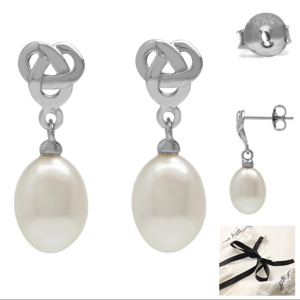 NEW Sterling Silver Pretzel Genuine Pearl Drop Love Knot Earrings